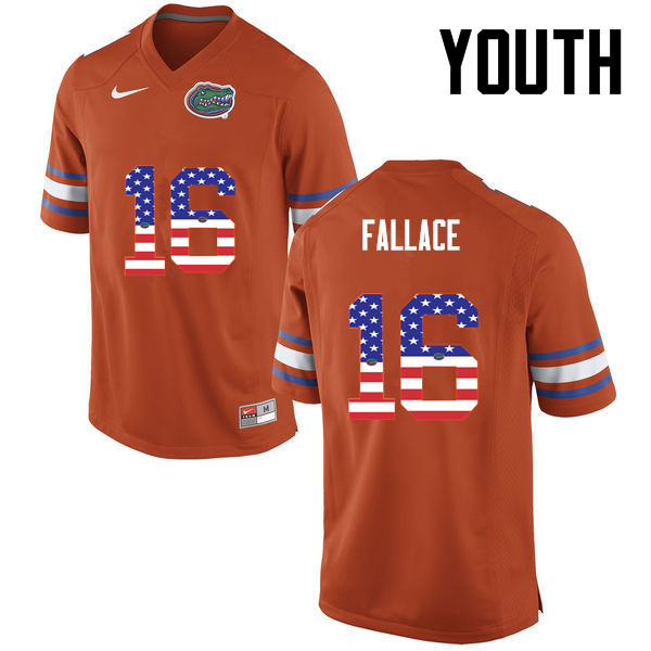 Youth Florida Gators #16 Brian Fallace College Football USA Flag Fashion Jerseys-Orange